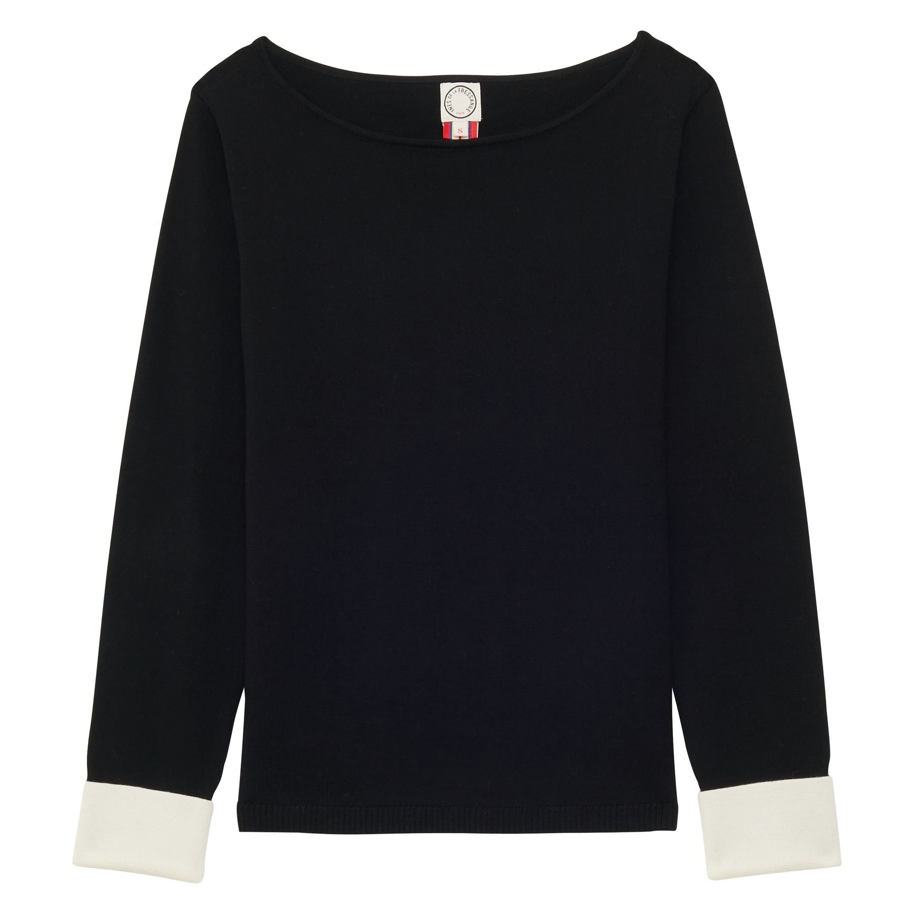 Maglia Gigi in lana merino nera, puños bianchi