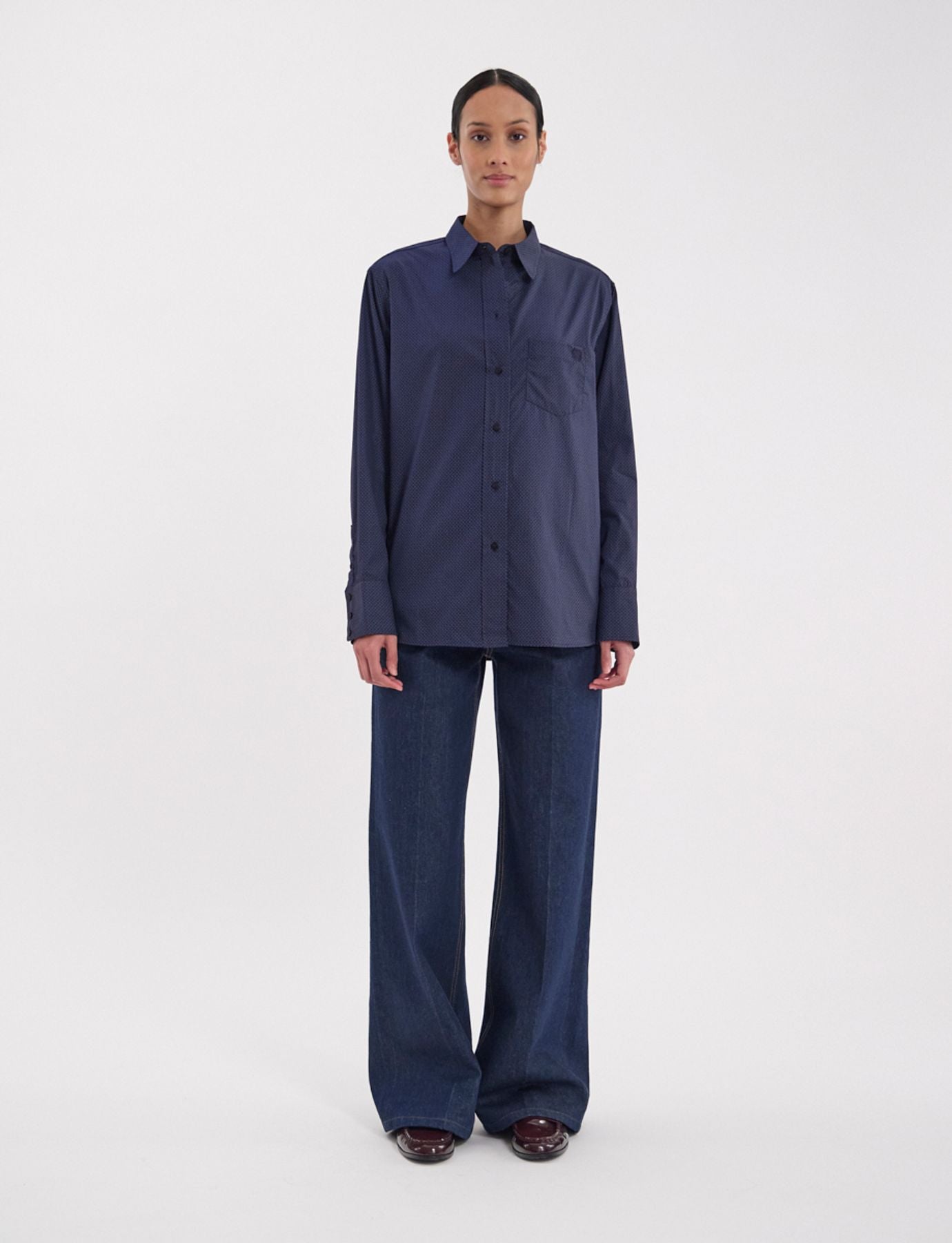 Camisa stampata di algodón azzurro marino Maureen