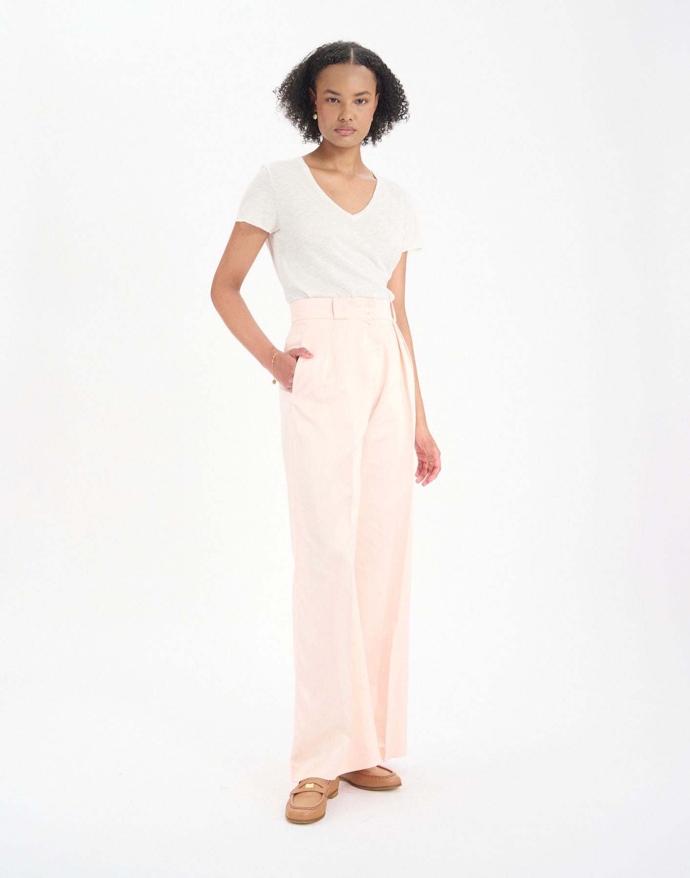 Pantaloni Marlène in misto lino rosa pallido