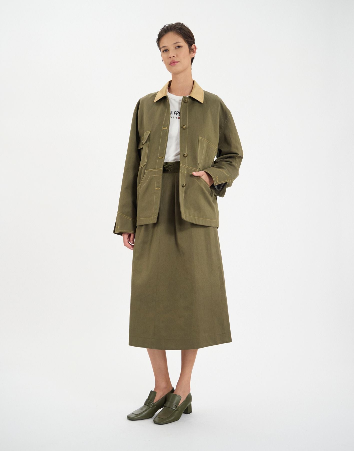 Melchior Arbeitsjacke aus khakifarbenem Leinen und Baumwolle