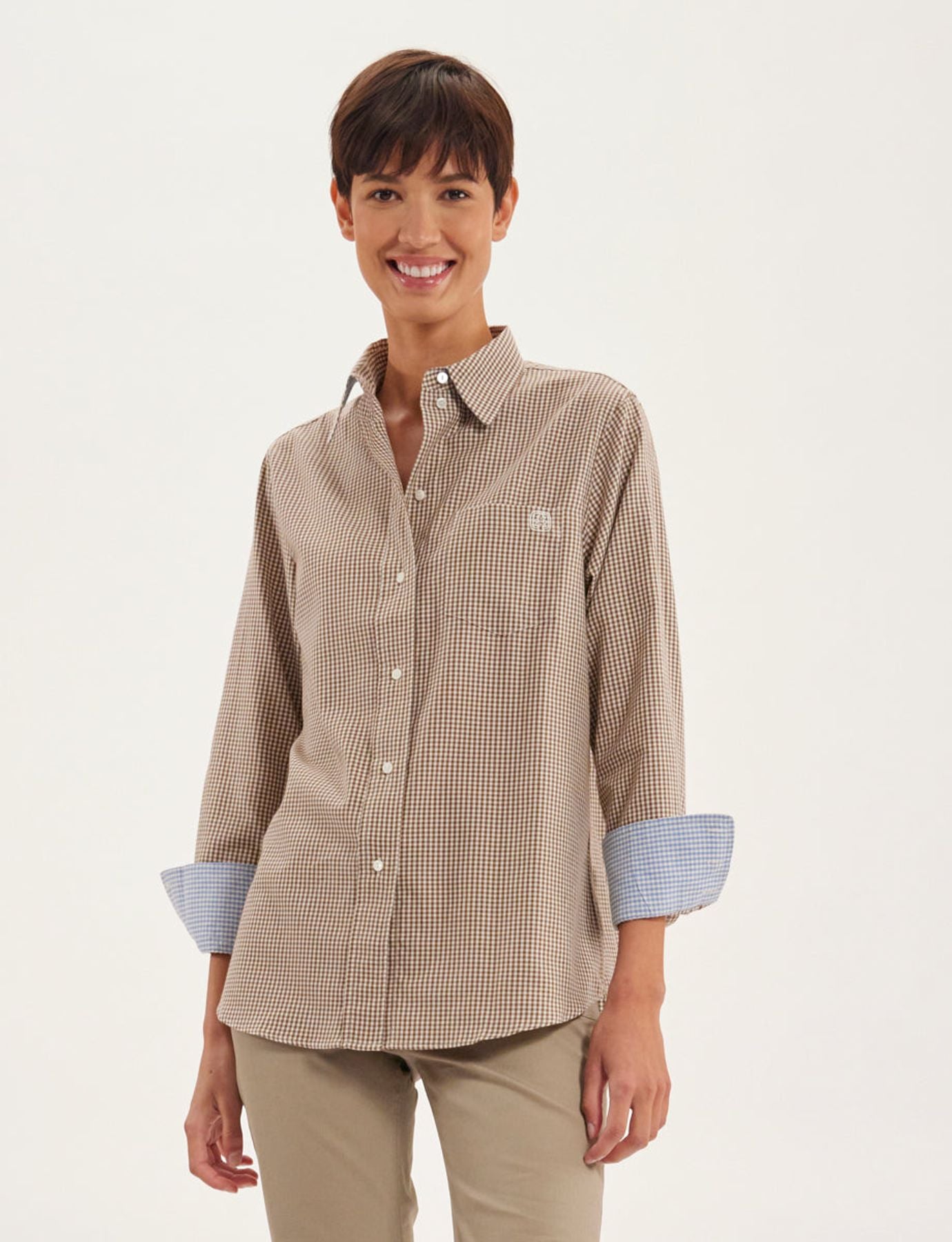 Camisa Maureen marrón y crudo, solapas en contrastes
