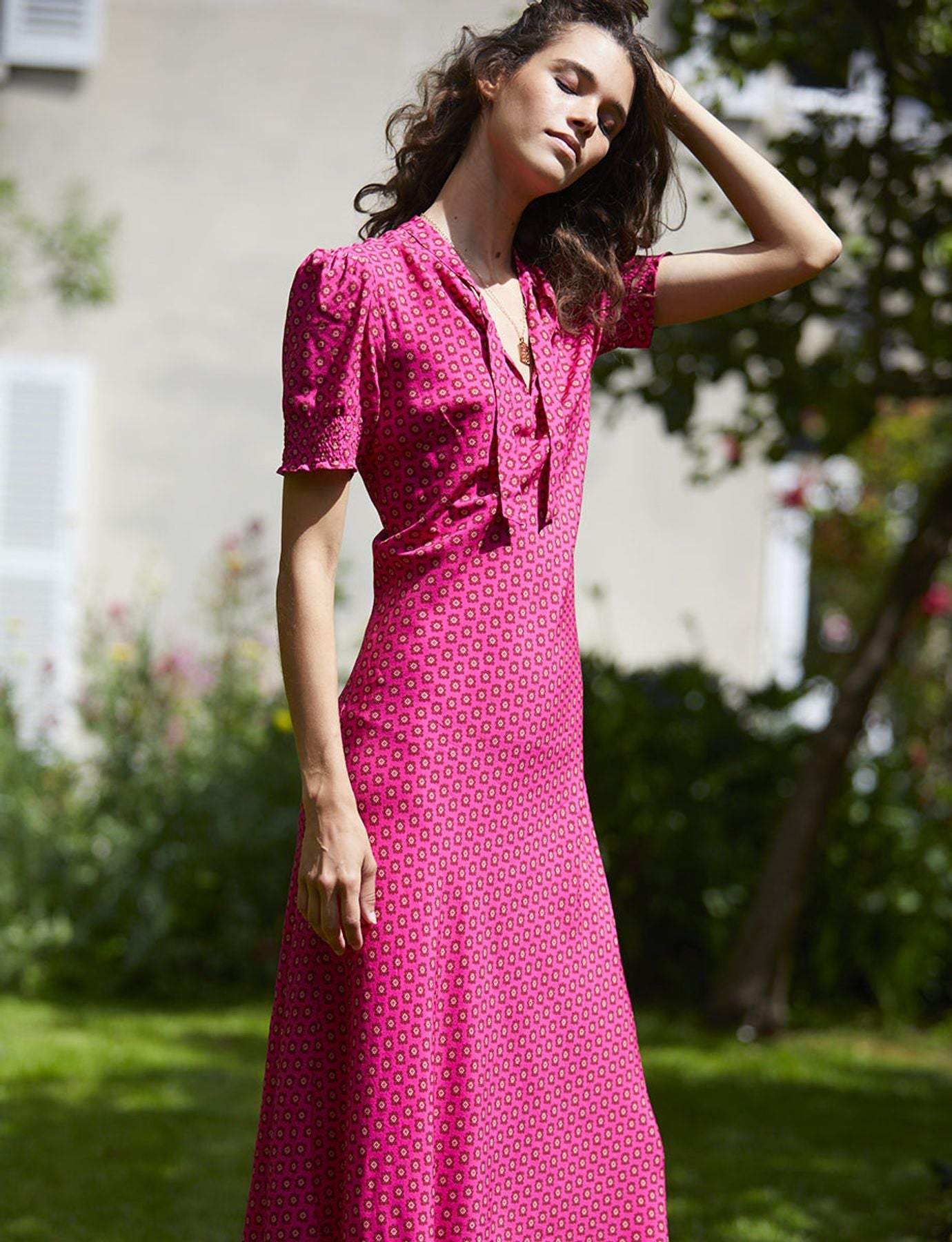 Abito lungo Cerise con stampa rosa