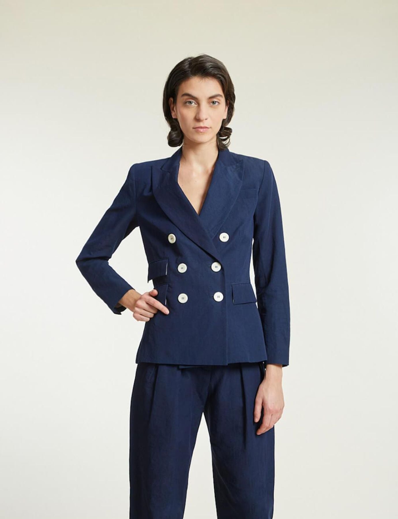 Pantalone Atalia blu marino di algodon e lino