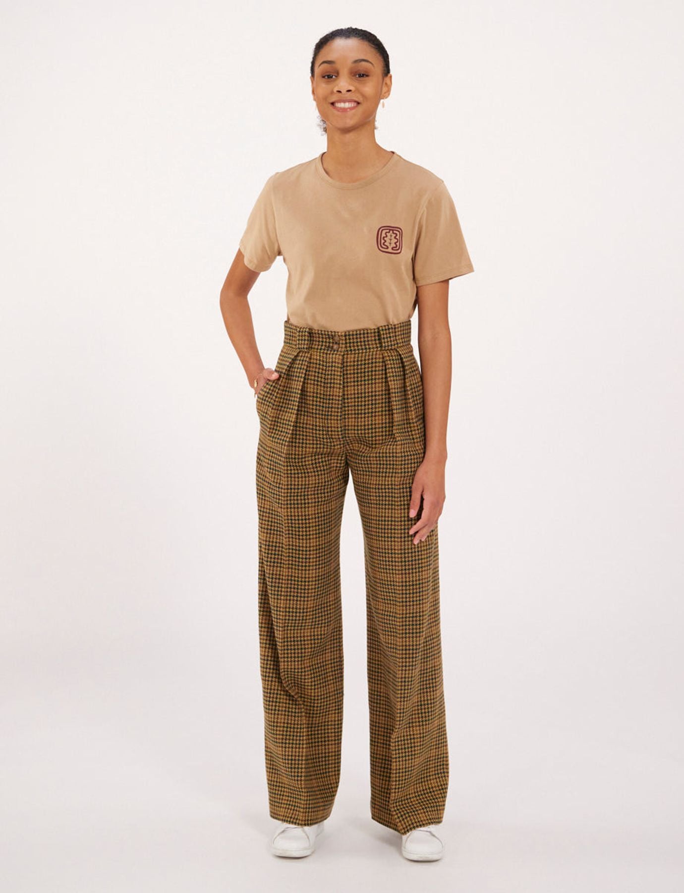 Pantaloni Marlene in pied-de-poule color kaki