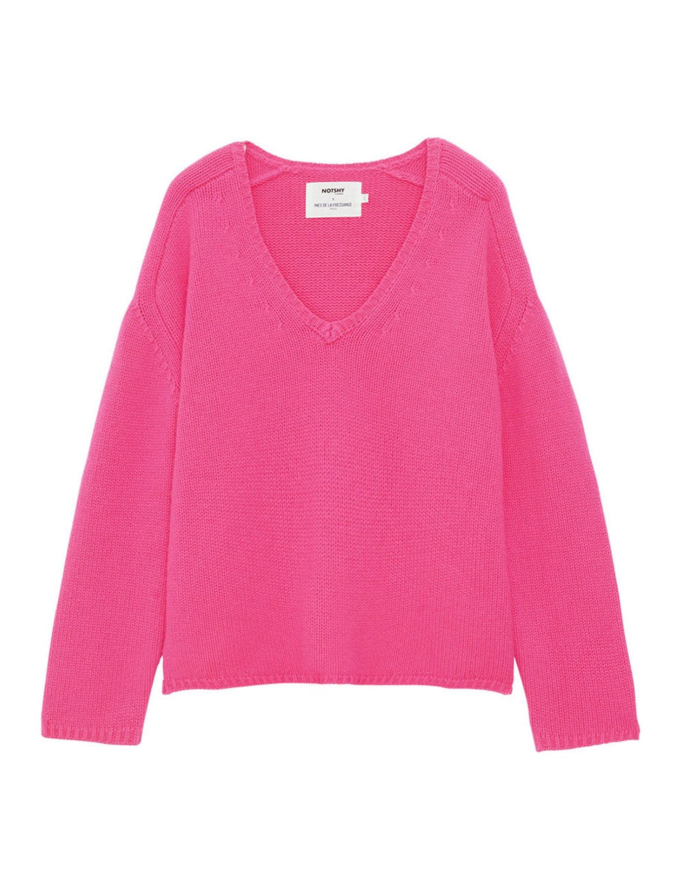 Maglia di cachemira fucsia con collo a V e mango martillo x Notshy