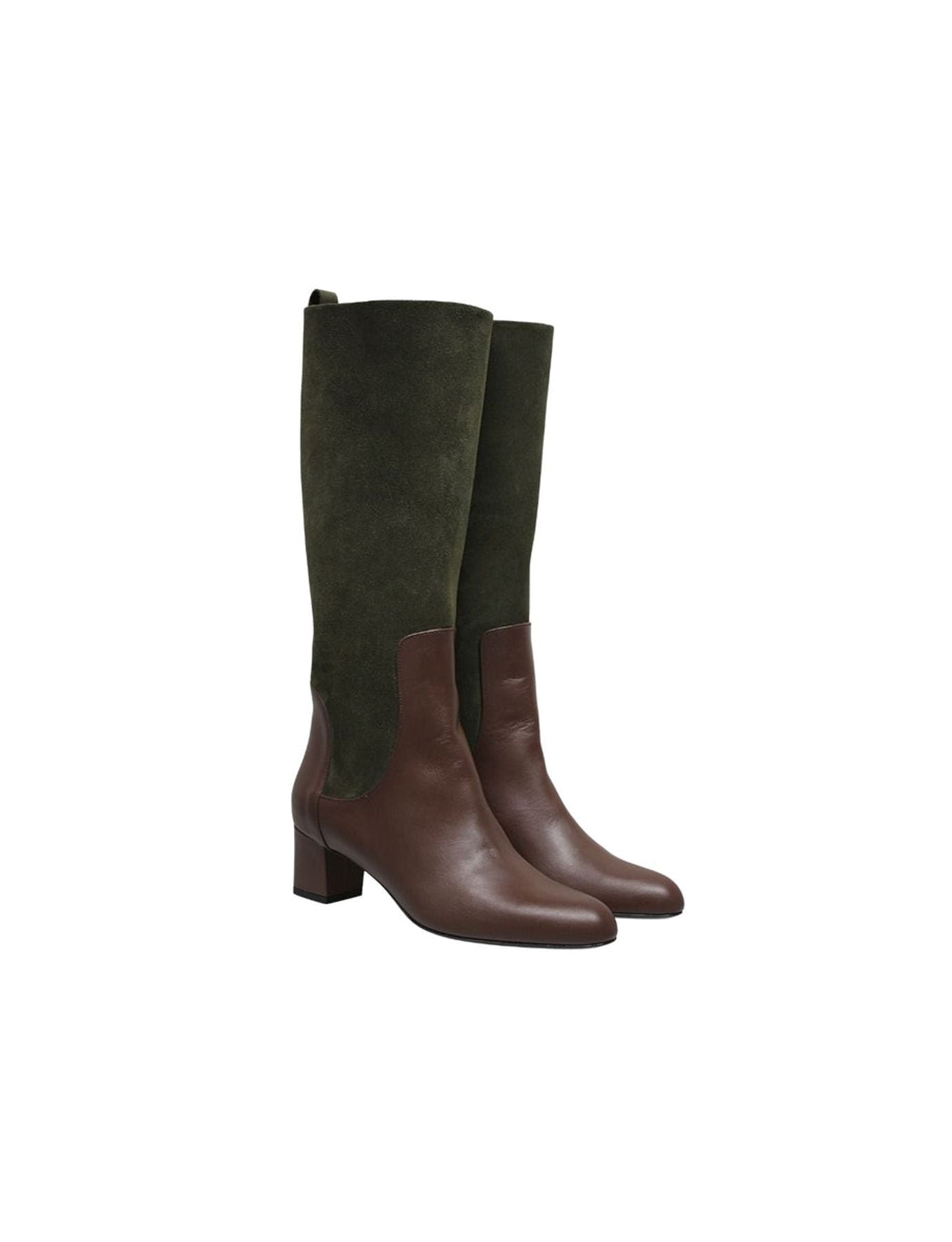 Stivali con tacco alto, pelle verde e cioccolato