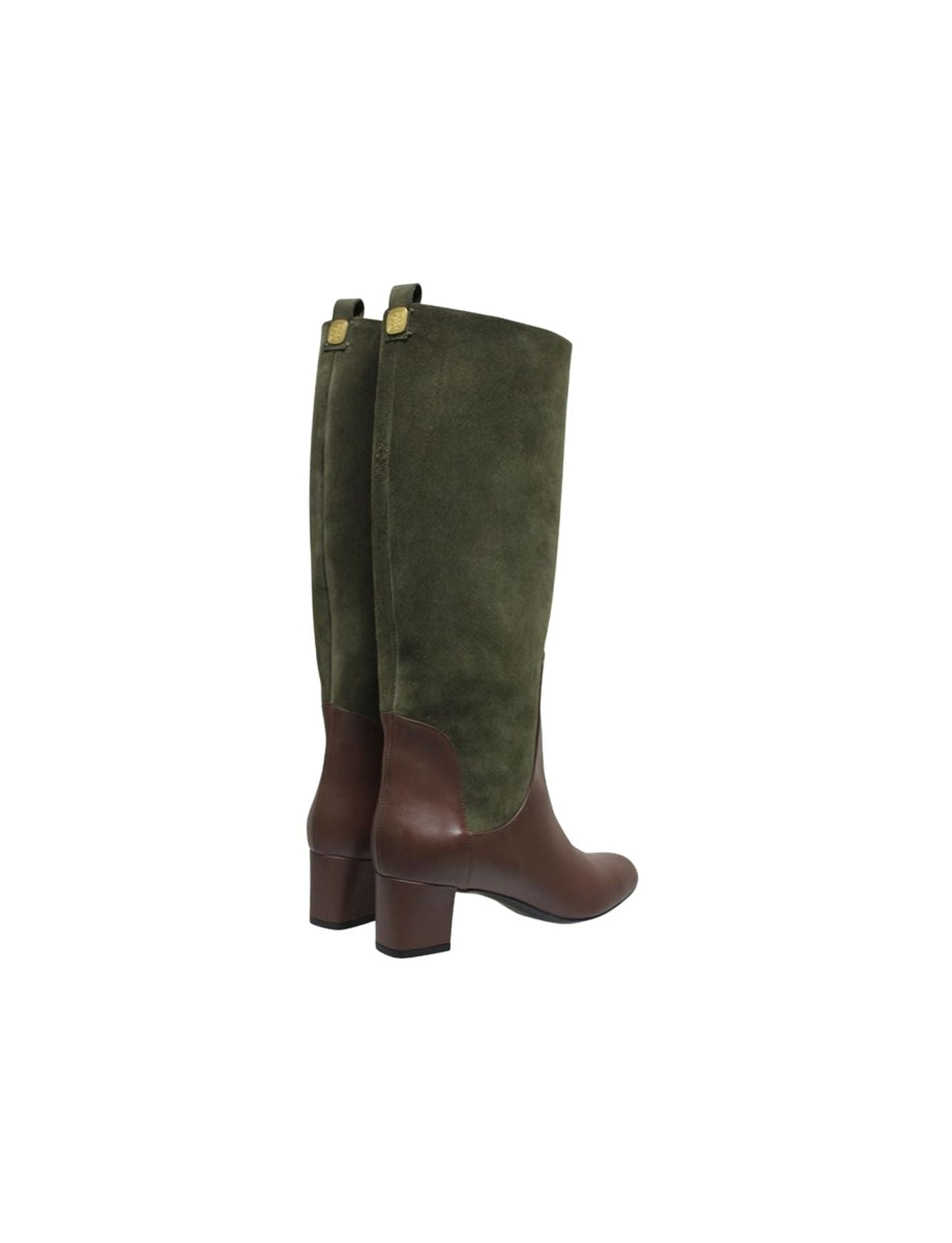 Stivali con tacco alto, pelle verde e cioccolato