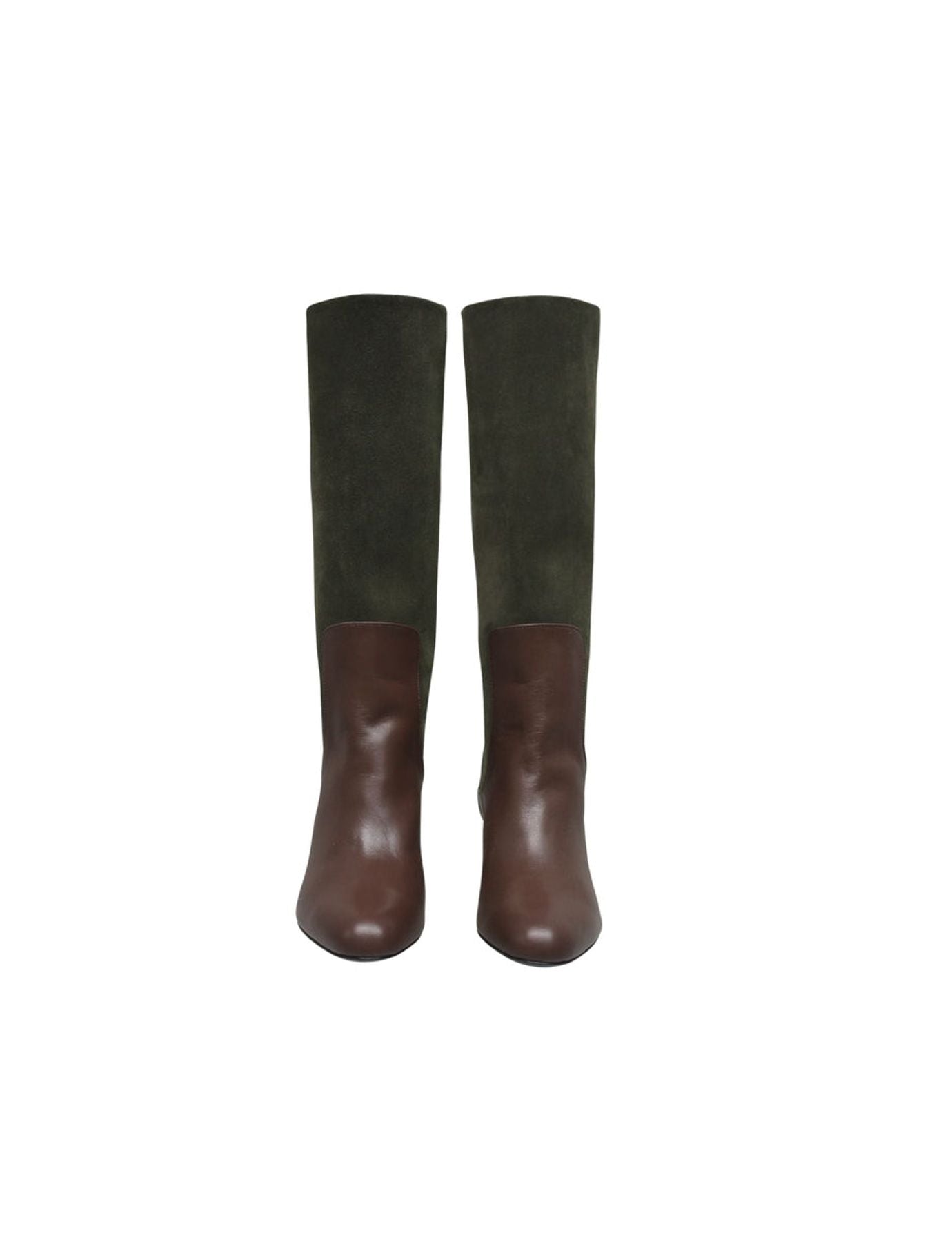 Stivali con tacco alto, pelle verde e cioccolato