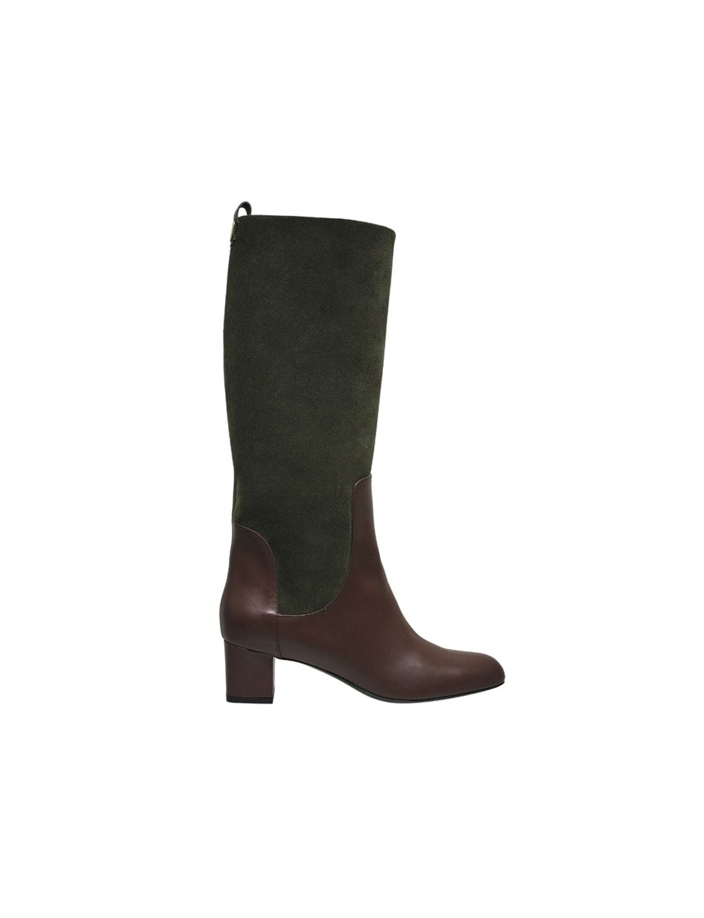 Stivali con tacco alto, pelle verde e cioccolato