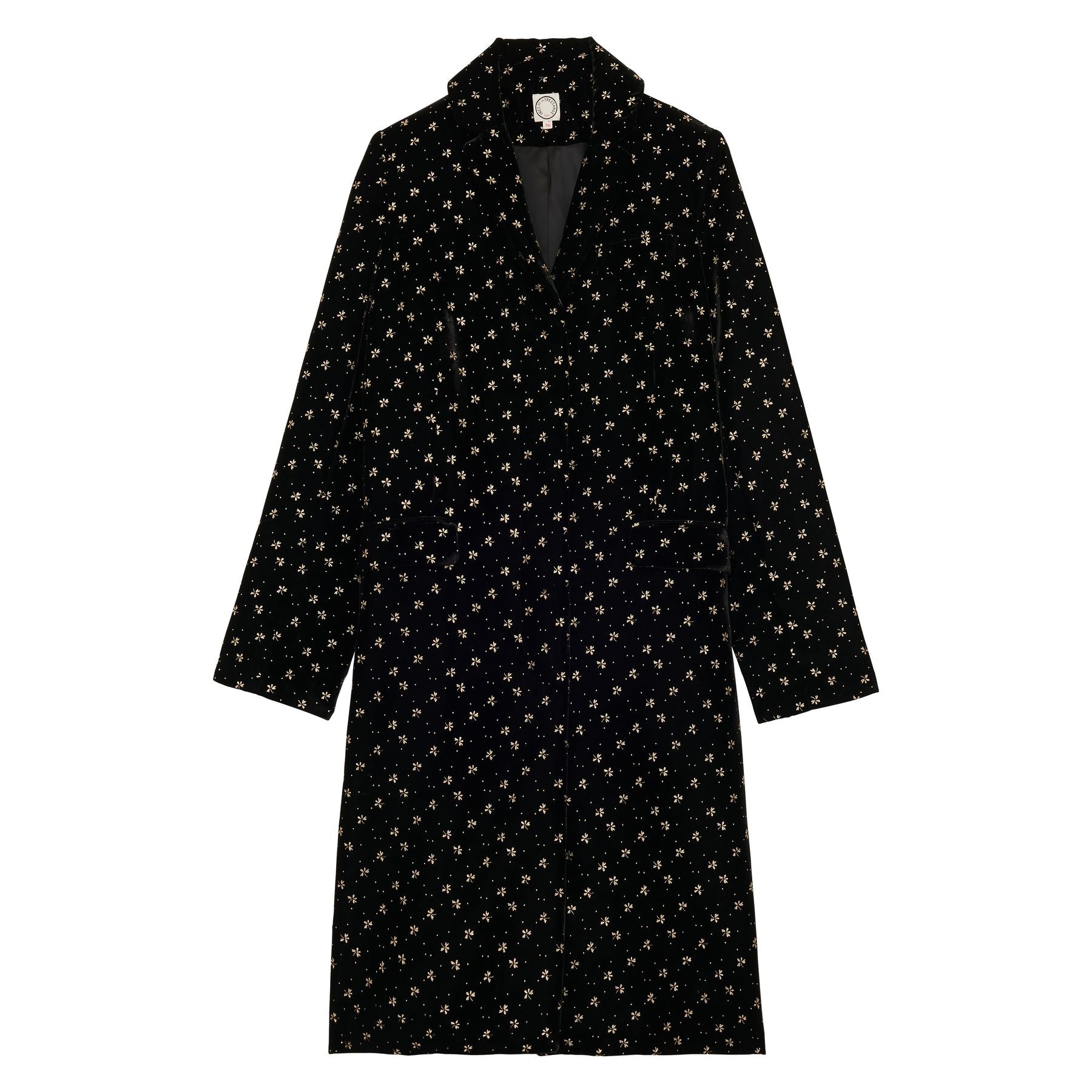 Cappotto Franck in velluto nero liscio con stampa oro