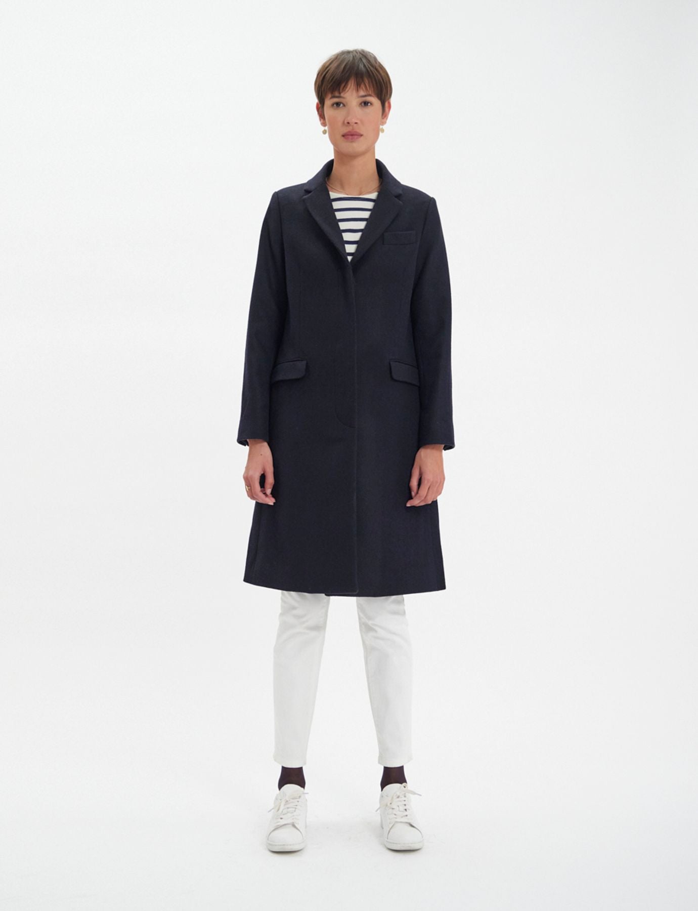 Cappotto Franck in lana a spina di pesce nero e marina