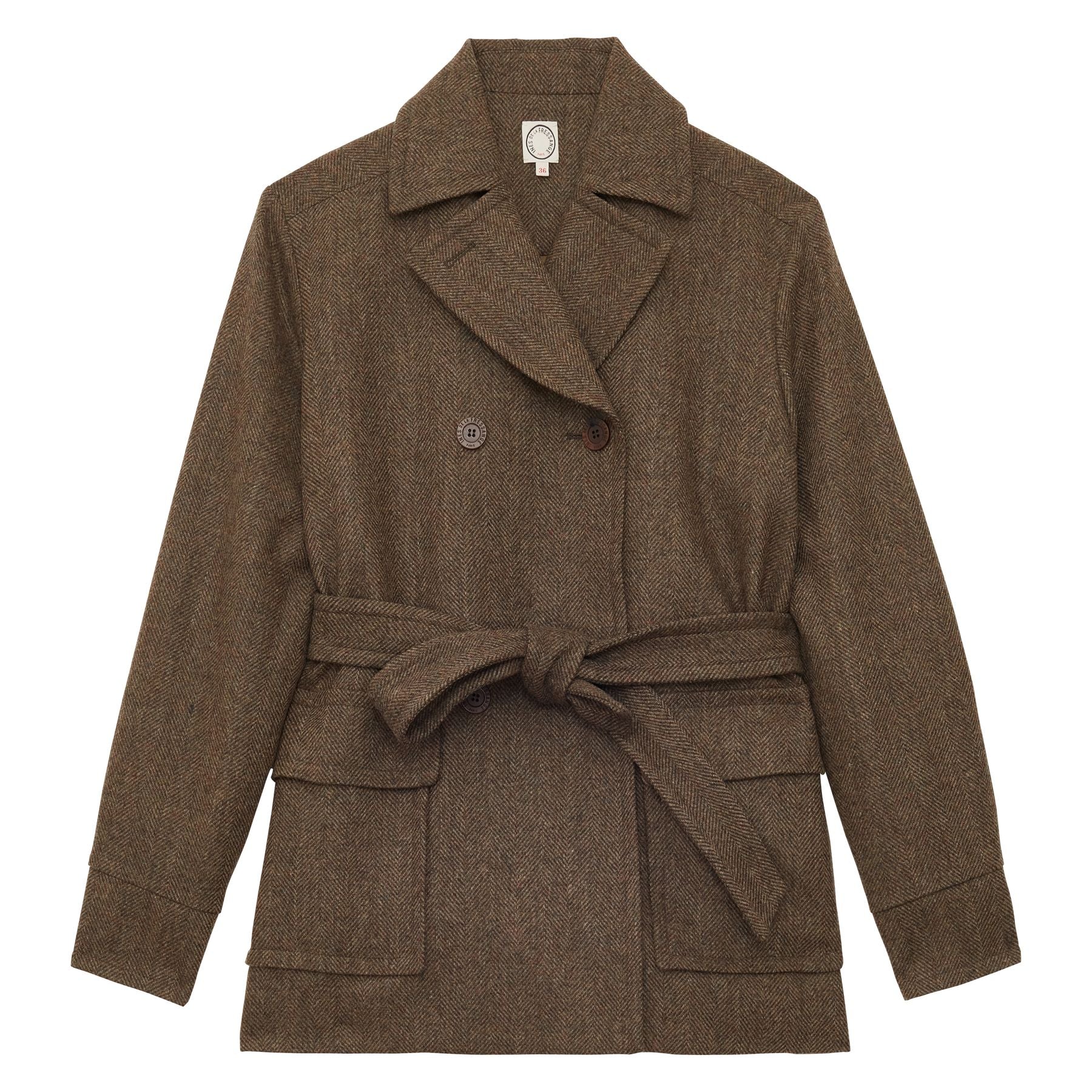 Cappotto corto Romaric in lana marrone con motivo a spina di pesce