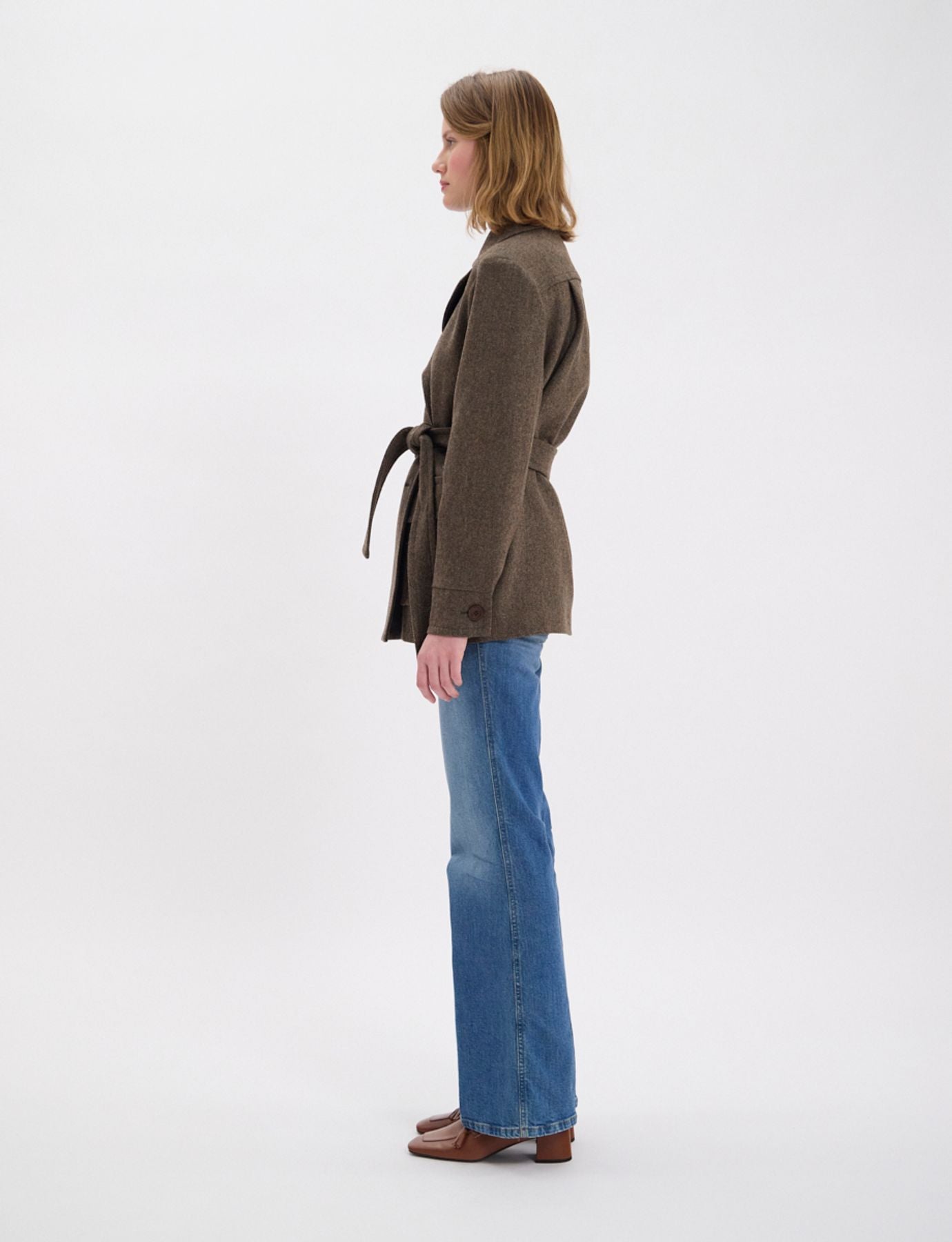 Cappotto corto Romaric in lana marrone con motivo a spina di pesce