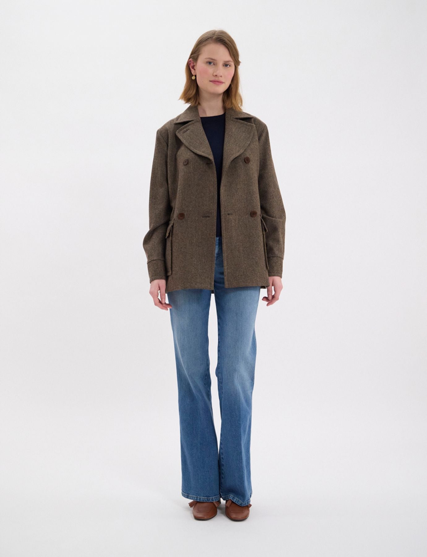 Cappotto corto Romaric in lana marrone con motivo a spina di pesce