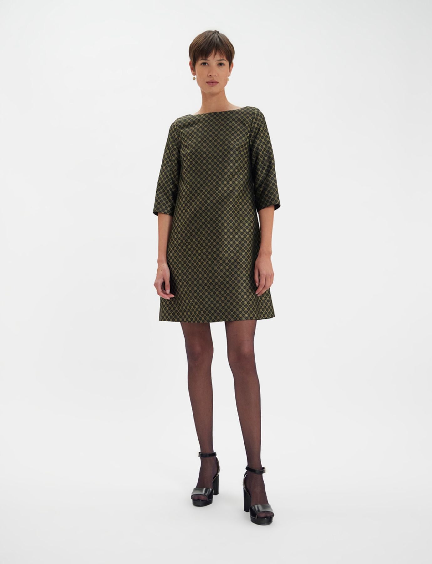 Megan abito nero e oro con trama jacquard