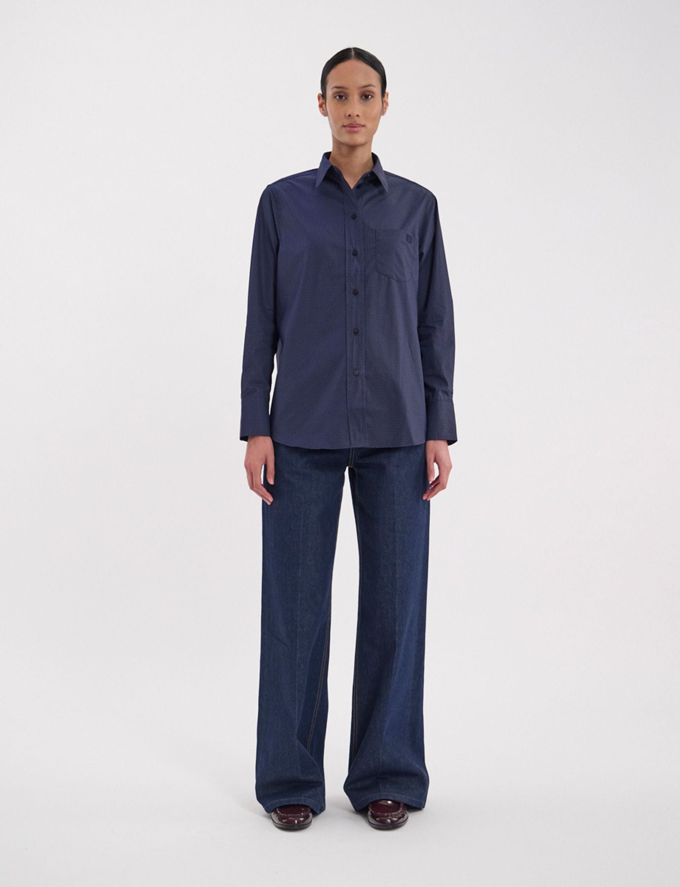 Camicia Maureen in cotone blu scuro a fantasia