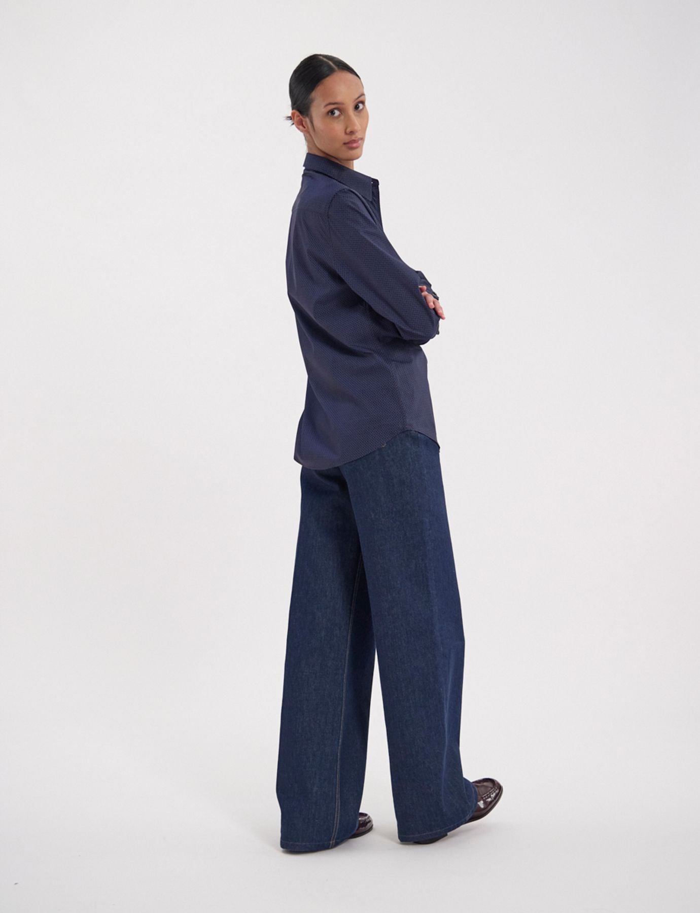 Camicia Maureen in cotone blu scuro a fantasia