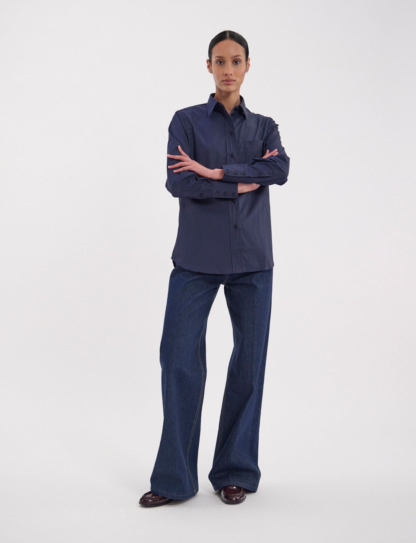 Camicia Maureen in cotone blu scuro a fantasia