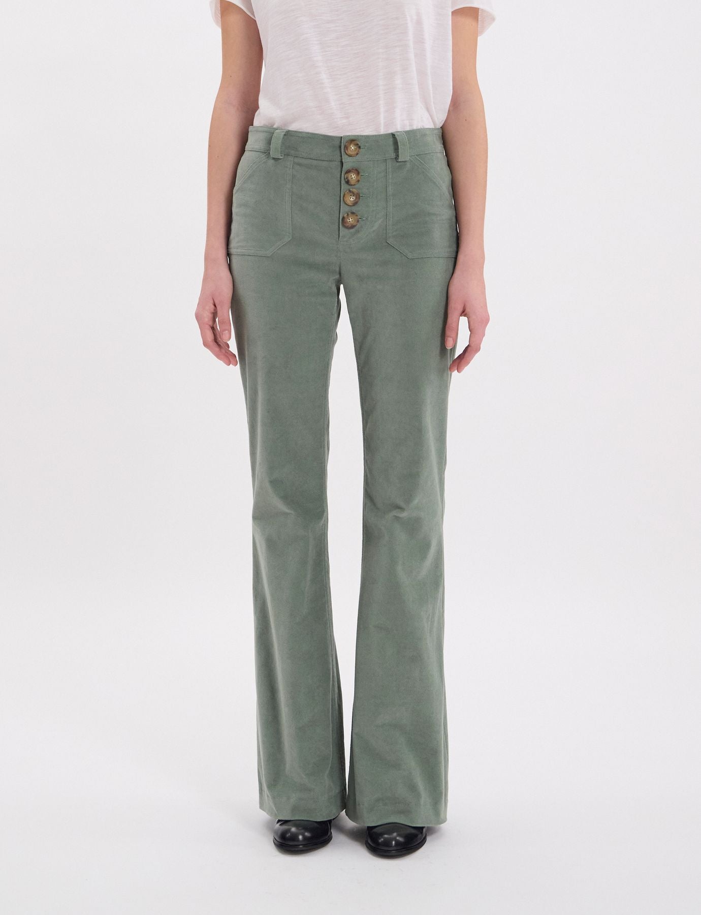 Pantaloni Charlotte in velluto liscio verde mandorla
