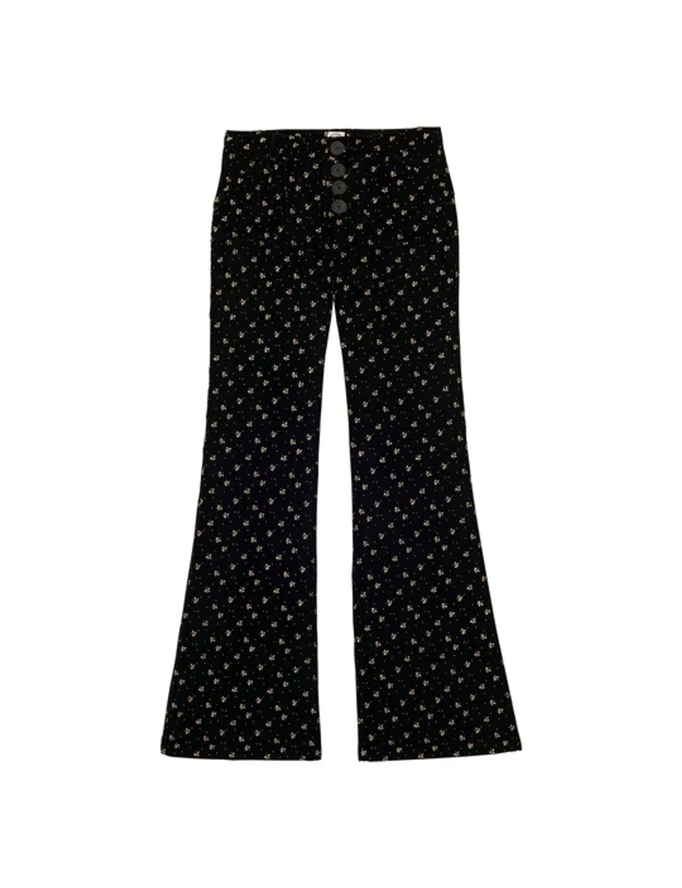 Pantaloni Charlotte in velluto nero liscio con stampa dorata