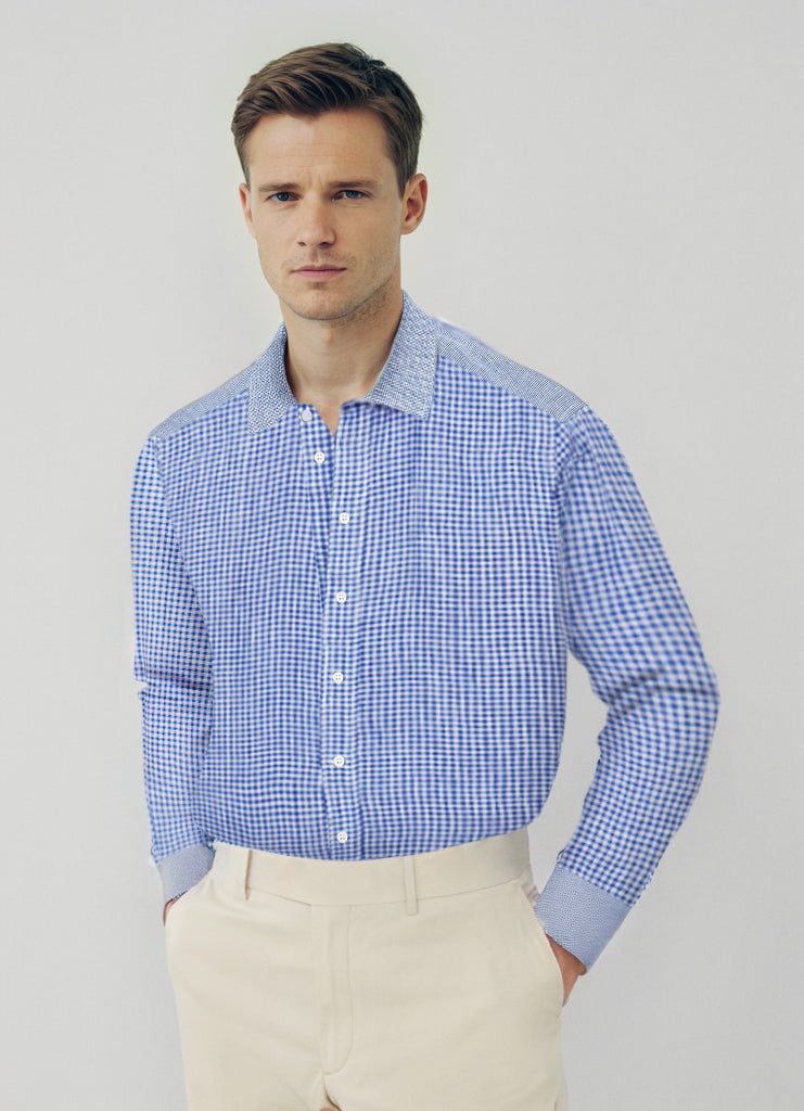 Camicia Olivier da uomo in lino, fantasia Vichy blu e carrè